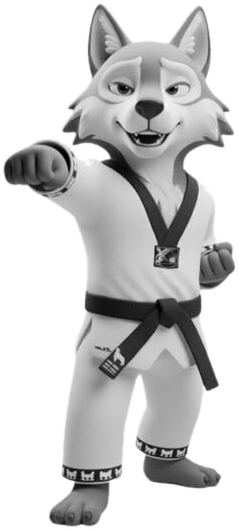 Mascote do Instituto: um lobo de dobok branco e faixa preta, dando um soco